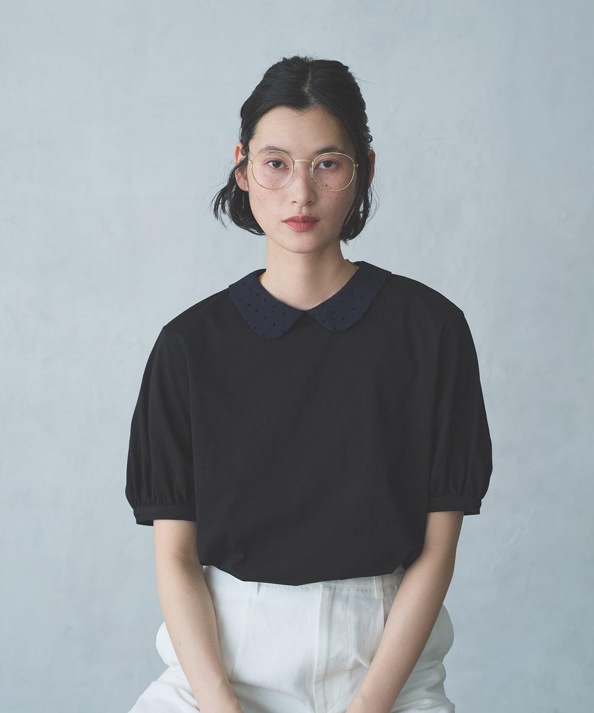 「LA MARINE FRANCAISE」 半袖ブラウス ONE SIZE ブラック レディース ジョーゼット襟プルオーバー — LA MARINE FRANCAISE