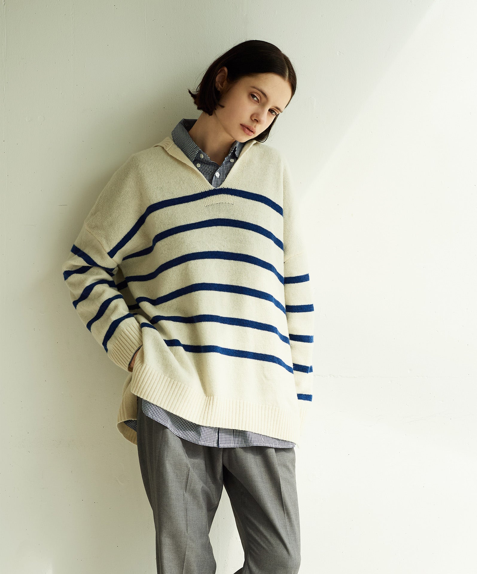 stripe＆checkレギュラーカラーロングシャツ